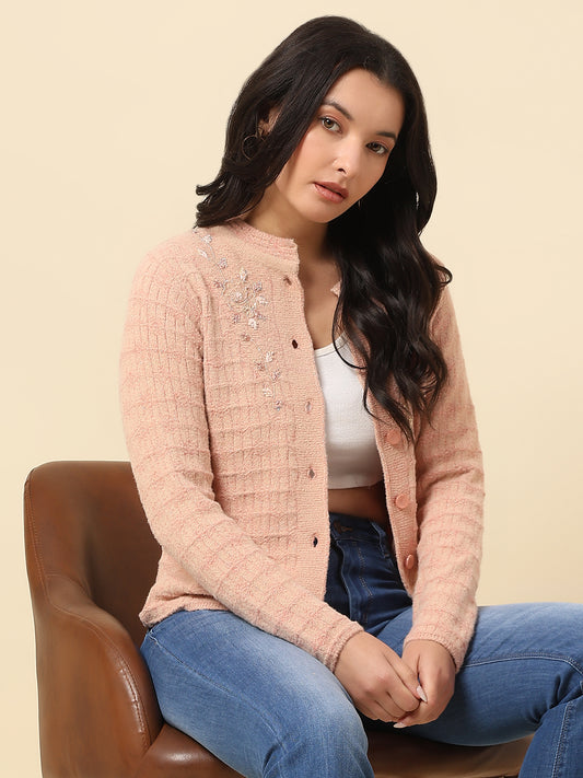 Cardigan for Women | Winter Wear Fancy Fabric Round Neck Regular Fit Self Design Pattern
