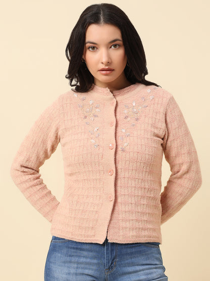 Cardigan for Women | Winter Wear Fancy Fabric Round Neck Regular Fit Self Design Pattern