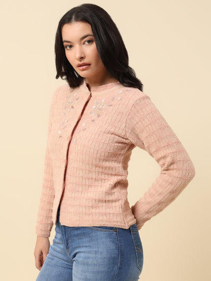 Cardigan for Women | Winter Wear Fancy Fabric Round Neck Regular Fit Self Design Pattern