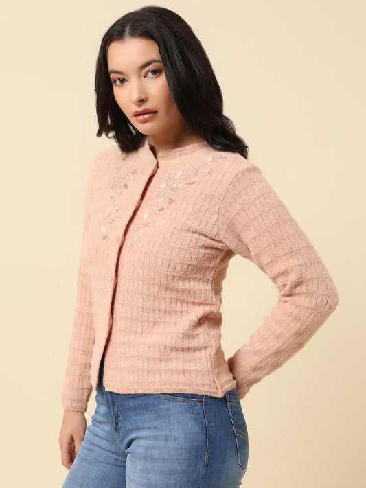 Cardigan for Women | Winter Wear Fancy Fabric Round Neck Regular Fit Self Design Pattern