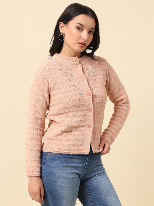Cardigan for Women | Winter Wear Fancy Fabric Round Neck Regular Fit Self Design Pattern