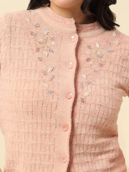 Cardigan for Women | Winter Wear Fancy Fabric Round Neck Regular Fit Self Design Pattern