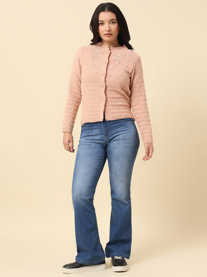 Cardigan for Women | Winter Wear Fancy Fabric Round Neck Regular Fit Self Design Pattern