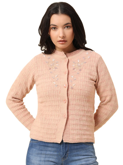 Cardigan for Women | Winter Wear Fancy Fabric Round Neck Regular Fit Self Design Pattern