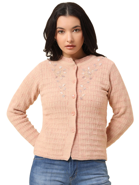 Cardigan for Women | Winter Wear Fancy Fabric Round Neck Regular Fit Self Design Pattern