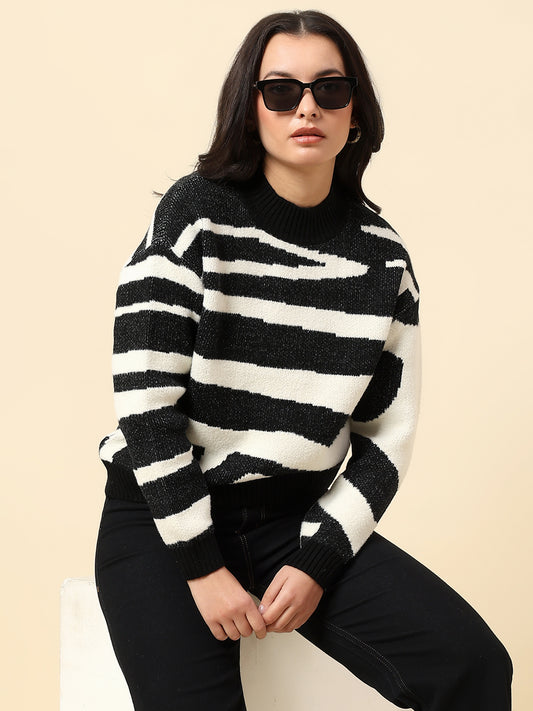 Sweater for Women | Winter Wear Fancy Fabric Round Neck Regular Fit Striped Pattern