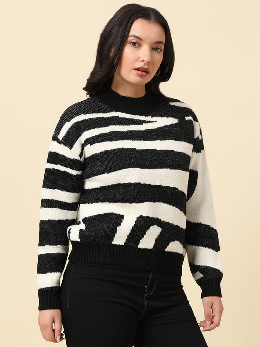Sweater for Women | Winter Wear Fancy Fabric Round Neck Regular Fit Striped Pattern