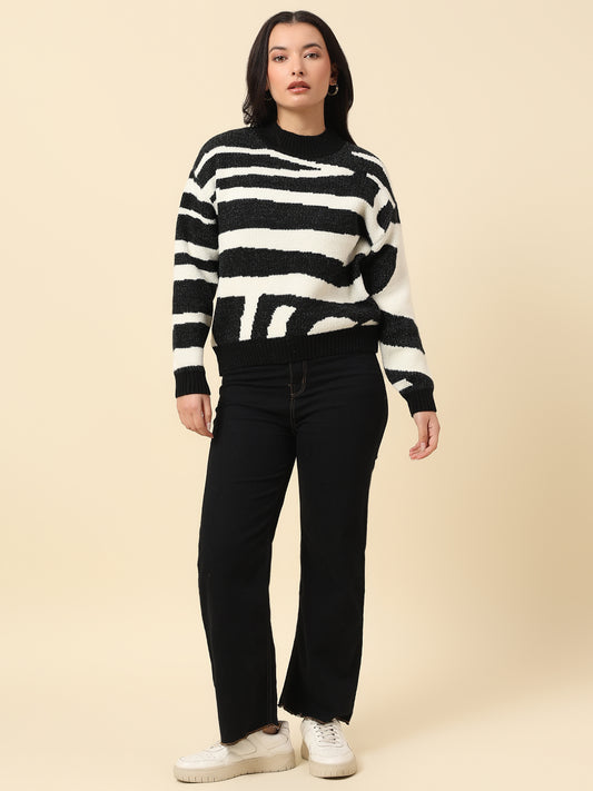 Sweater for Women | Winter Wear Fancy Fabric Round Neck Regular Fit Striped Pattern