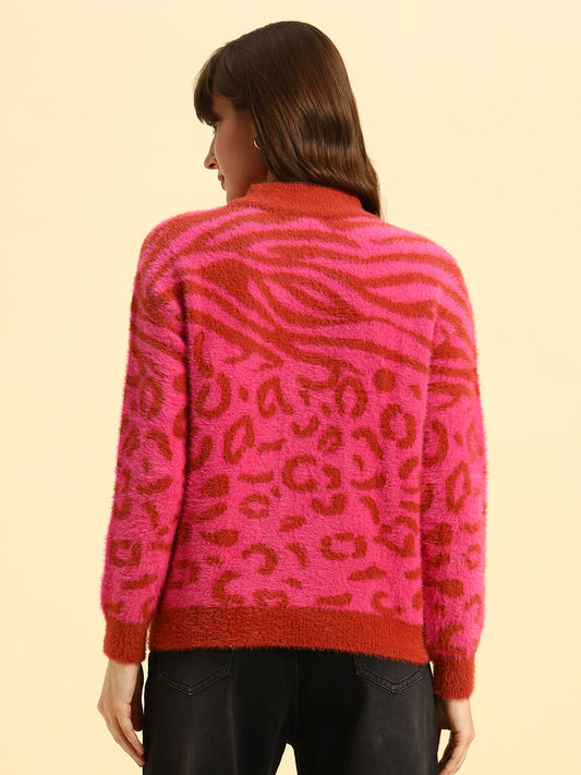 Sweater for Women | Winter Wear Knitted Fabric Round Neck Regular Fit Printed Pattern