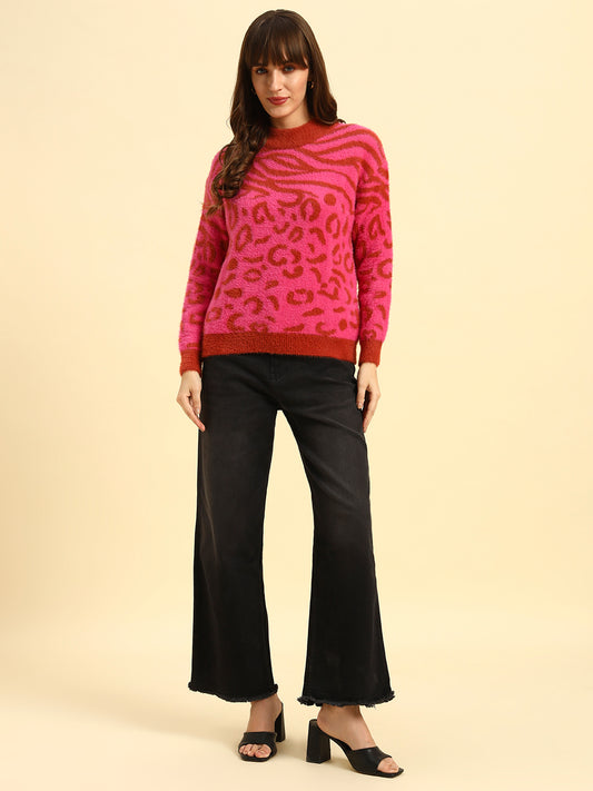 Sweater for Women | Winter Wear Knitted Fabric Round Neck Regular Fit Printed Pattern