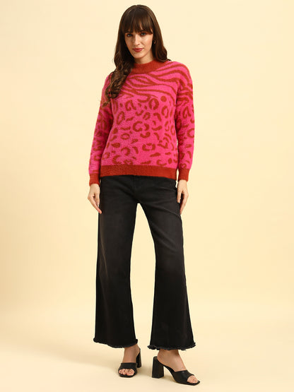 Sweater for Women | Winter Wear Knitted Fabric Round Neck Regular Fit Printed Pattern