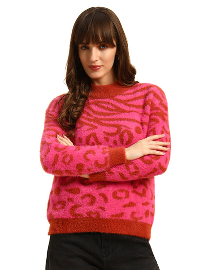 Sweater for Women | Winter Wear Knitted Fabric Round Neck Regular Fit Printed Pattern