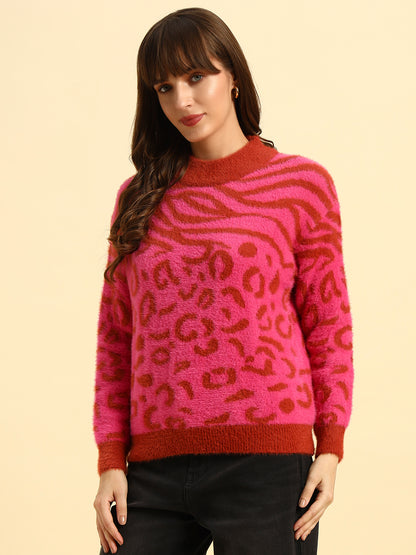 Sweater for Women | Winter Wear Knitted Fabric Round Neck Regular Fit Printed Pattern