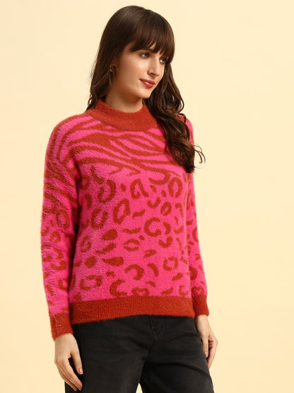 Sweater for Women | Winter Wear Knitted Fabric Round Neck Regular Fit Printed Pattern