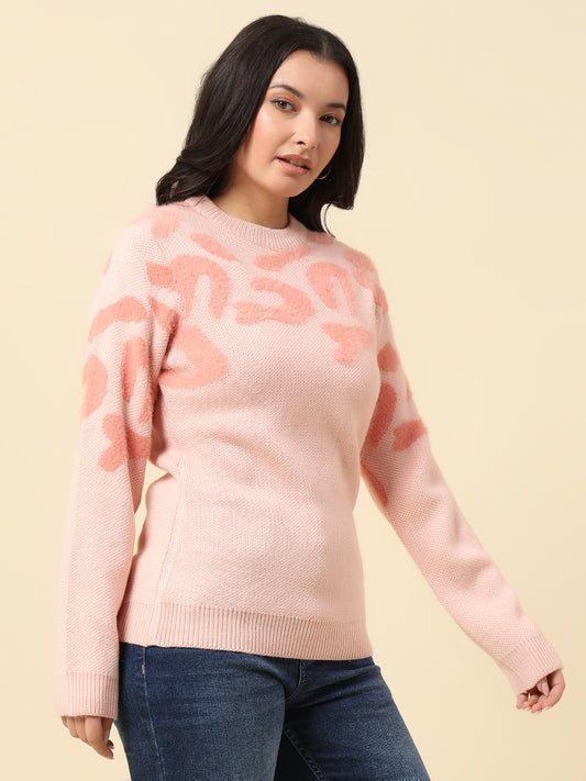 Sweater for Women | Winter Wear Knitted Fabric Round Neck Regular Fit Self Design Pattern