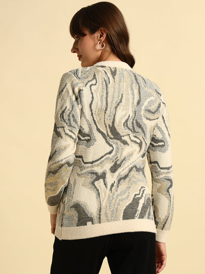 Sweater for Women | Winter Wear Knitted Fabric Round Neck Regular Fit Printed Pattern