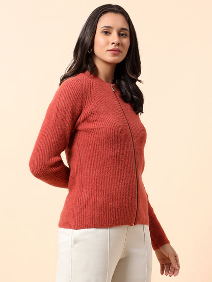 Sweater for Women l Winter Wear Knitted Fabric Mandarin Collar Regular Fit Self Design Pattern