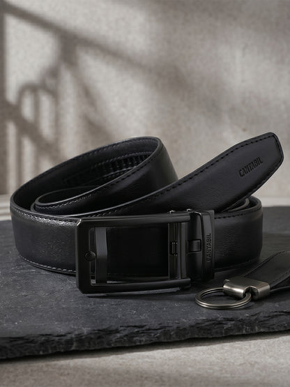 Men's Textured Black Formal Leather Belt | Auto Lock mechanism | Adjustable Cut-to-Fit Size up to 42 Inches