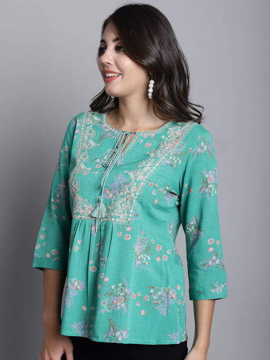Cantabil Women Green Floral Printed Round Neck 3/4 sleeve Casual Tunic (7165921296523)