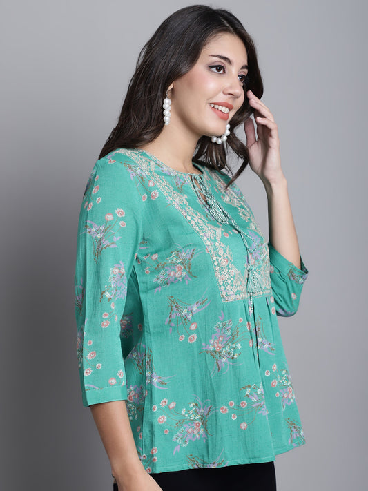 Cantabil Women Green Floral Printed Round Neck 3/4 sleeve Casual Tunic (7165921296523)