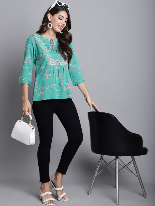 Cantabil Women Green Floral Printed Round Neck 3/4 sleeve Casual Tunic (7165921296523)