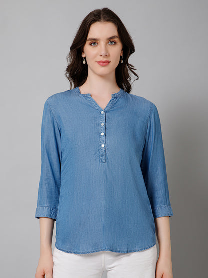 Women's Casual  Medium Blue Denim Solid Mandarin Collar Tunic