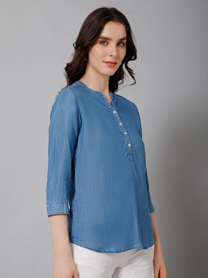 Women's Casual  Medium Blue Denim Solid Mandarin Collar Tunic