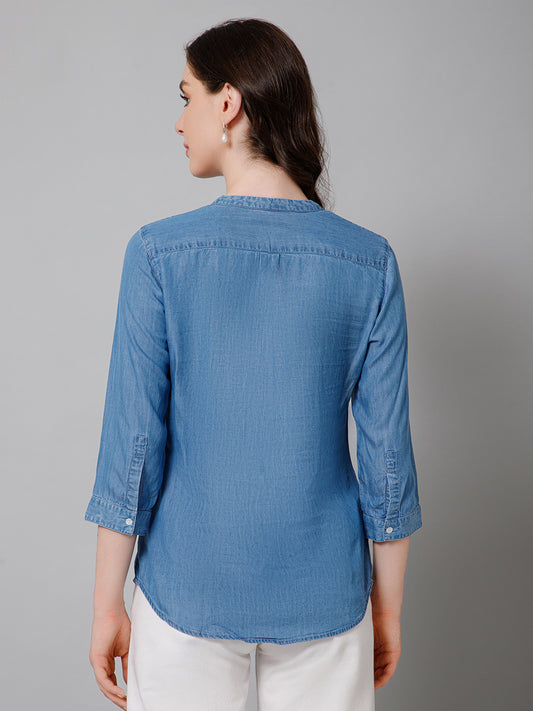 Women's Casual  Medium Blue Denim Solid Mandarin Collar Tunic