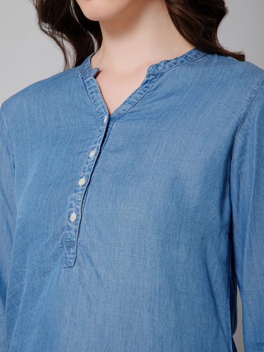 Women's Casual  Medium Blue Denim Solid Mandarin Collar Tunic