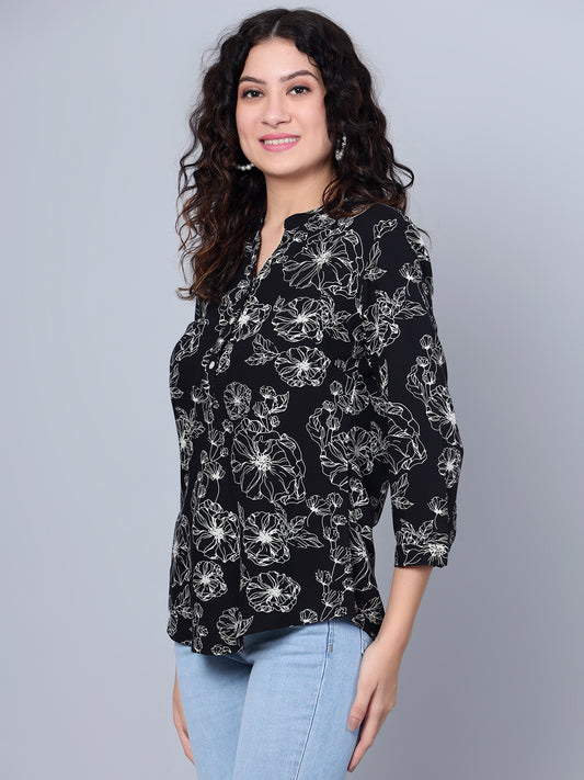 Cantabil Women Black Floral Printed 3/4th Sleeves Casual Tunic (7153686577291)
