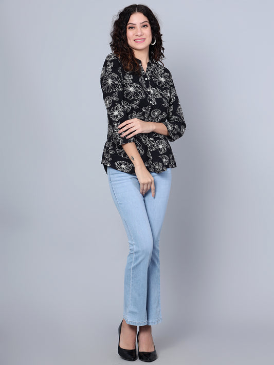 Cantabil Women Black Floral Printed 3/4th Sleeves Casual Tunic (7153686577291)