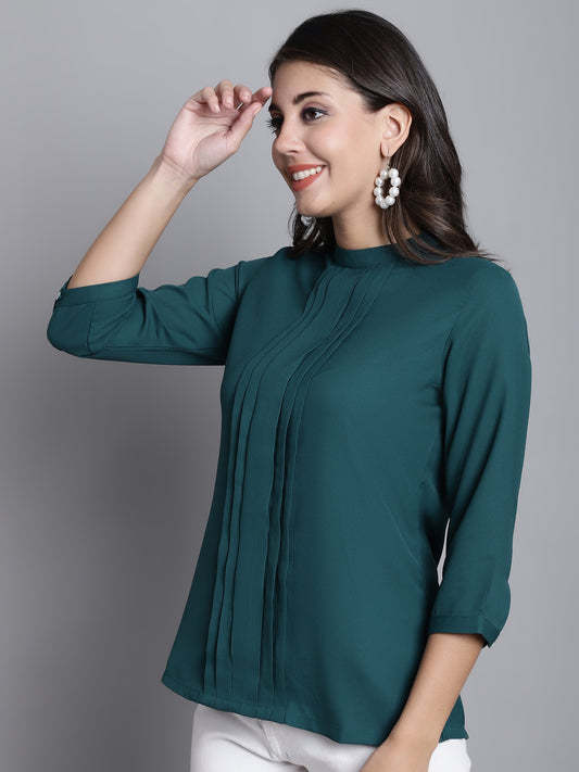Cantabil Women Green Plain Band Collar 3/4 sleeve Casual Tunic (7165922803851)
