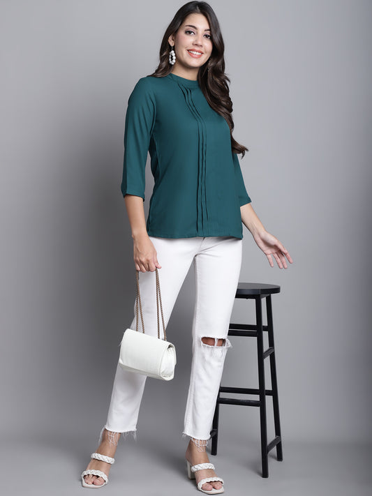 Cantabil Women Green Plain Band Collar 3/4 sleeve Casual Tunic (7165922803851)