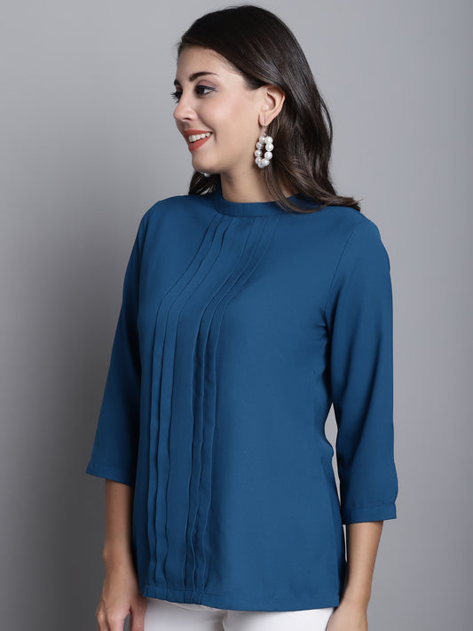 Cantabil Women Teal Blue Plain Band Collar 3/4 sleeve Casual Tunic (7165925490827)