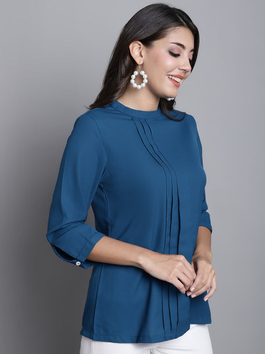 Cantabil Women Teal Blue Plain Band Collar 3/4 sleeve Casual Tunic (7165925490827)