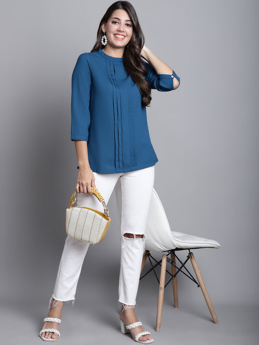 Cantabil Women Teal Blue Plain Band Collar 3/4 sleeve Casual Tunic (7165925490827)