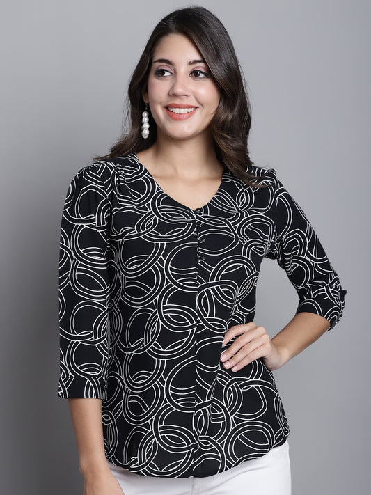 Cantabil Women Black Abstract Printed V Neck 3/4 sleeve Casual Tunic (7165925982347)