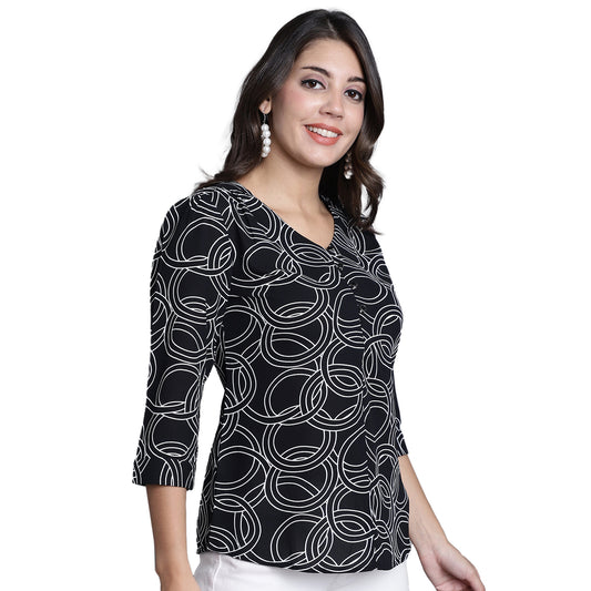 Women's Casual  Black Abstract Print V neck Top