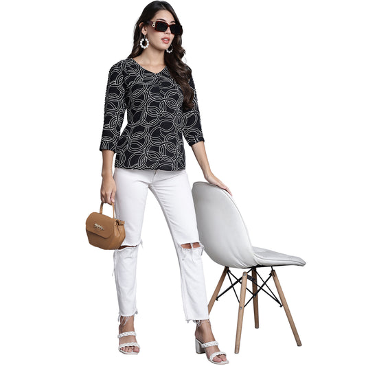 Women's Casual  Black Abstract Print V neck Top