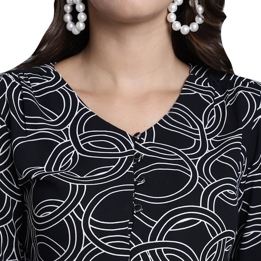 Women's Casual  Black Abstract Print V neck Top