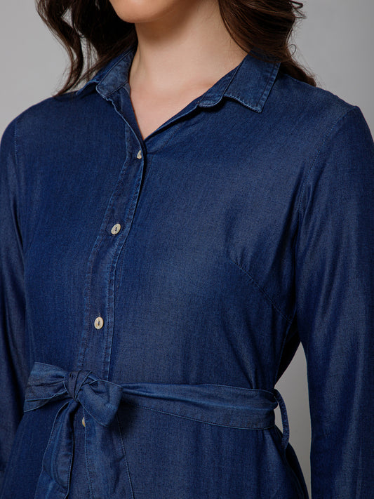 Women's Casual  Dark Blue Denim Solid Spread Collar Tunic