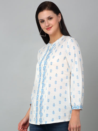 Women's Casual  Offwhite Floral Print Mandarin Collar Tunic