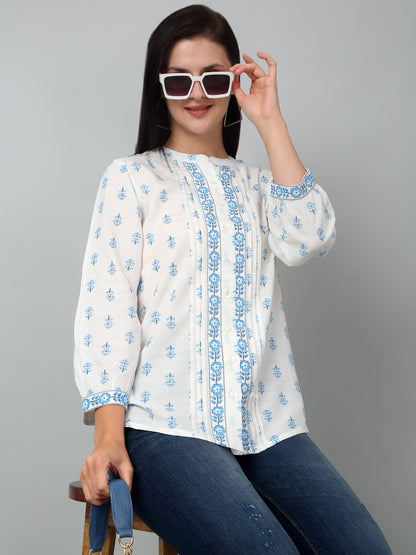 Women's Casual  Offwhite Floral Print Mandarin Collar Tunic