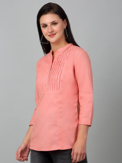 Women's Casual  Peach Solid Mandarin Collar Tunic