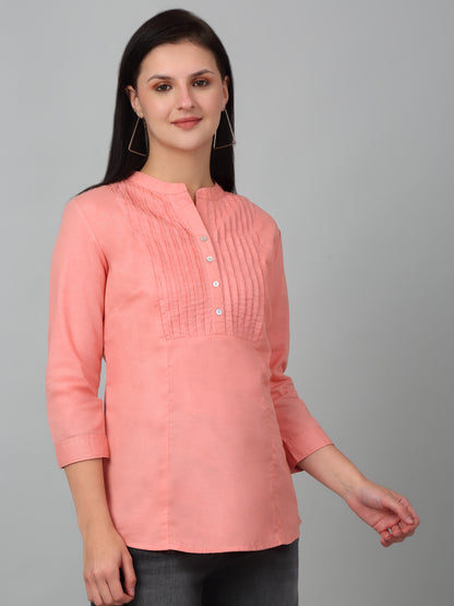 Women's Casual  Peach Solid Mandarin Collar Tunic