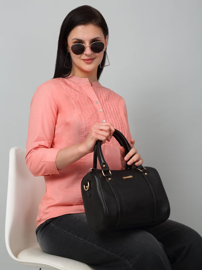 Women's Casual  Peach Solid Mandarin Collar Tunic