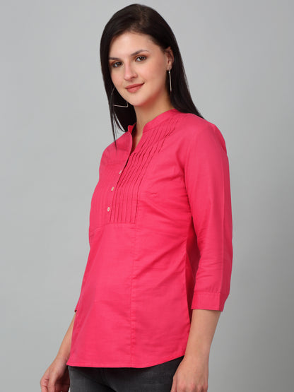 Women's Casual  Pink Solid Mandarin Collar Tunic