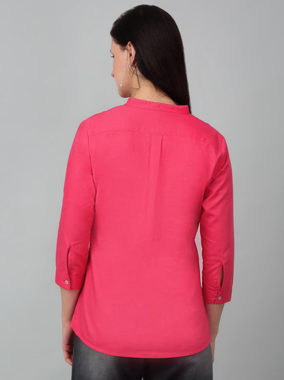 Women's Casual  Pink Solid Mandarin Collar Tunic