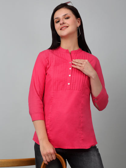 Women's Casual  Pink Solid Mandarin Collar Tunic