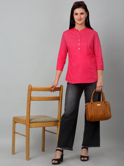 Women's Casual  Pink Solid Mandarin Collar Tunic